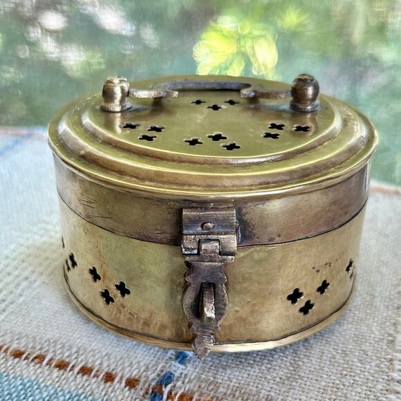 Vintage Brass Lidded Box with Pierced Design and Handle – Hinged 4” Box - Picture 1 of 15
